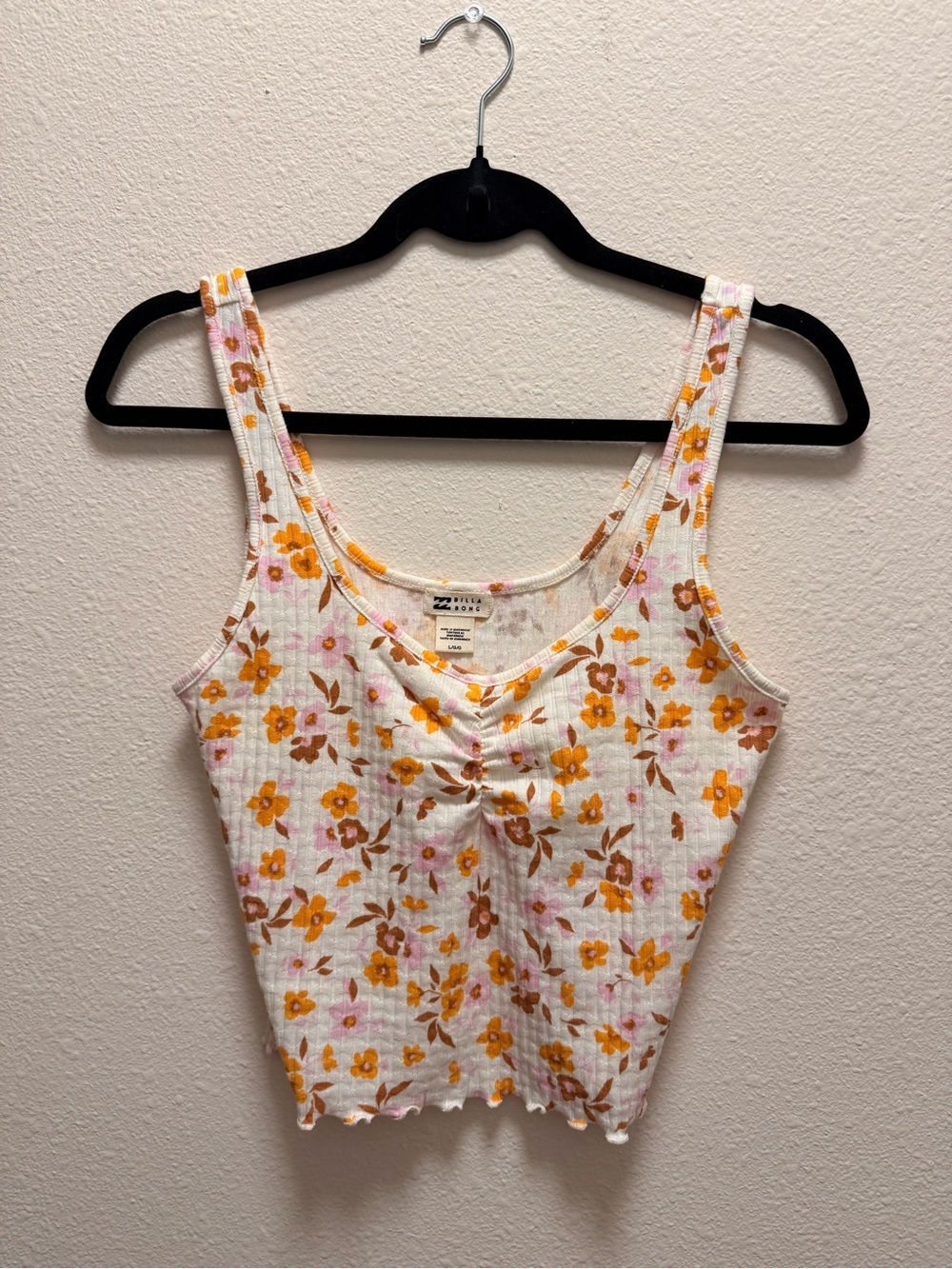 Billabong White Ribbed Crop Top with Yellow & Pink Floral Print